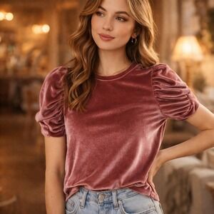Amaryllis Womens Large Burgundy Velvet Puff Short Sleeve Crew Neck Top Blouse